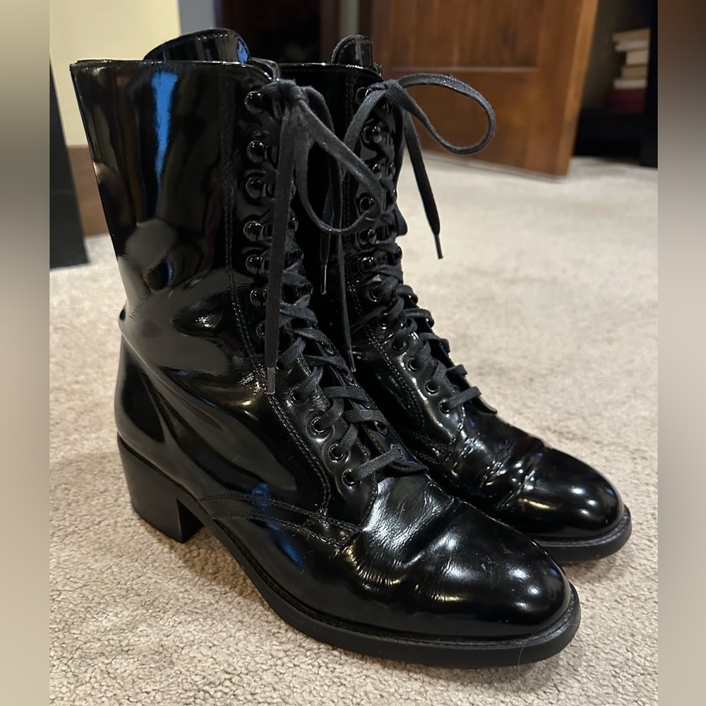 Charles David Vintage Black Patent Leather Lace up ankle boot.